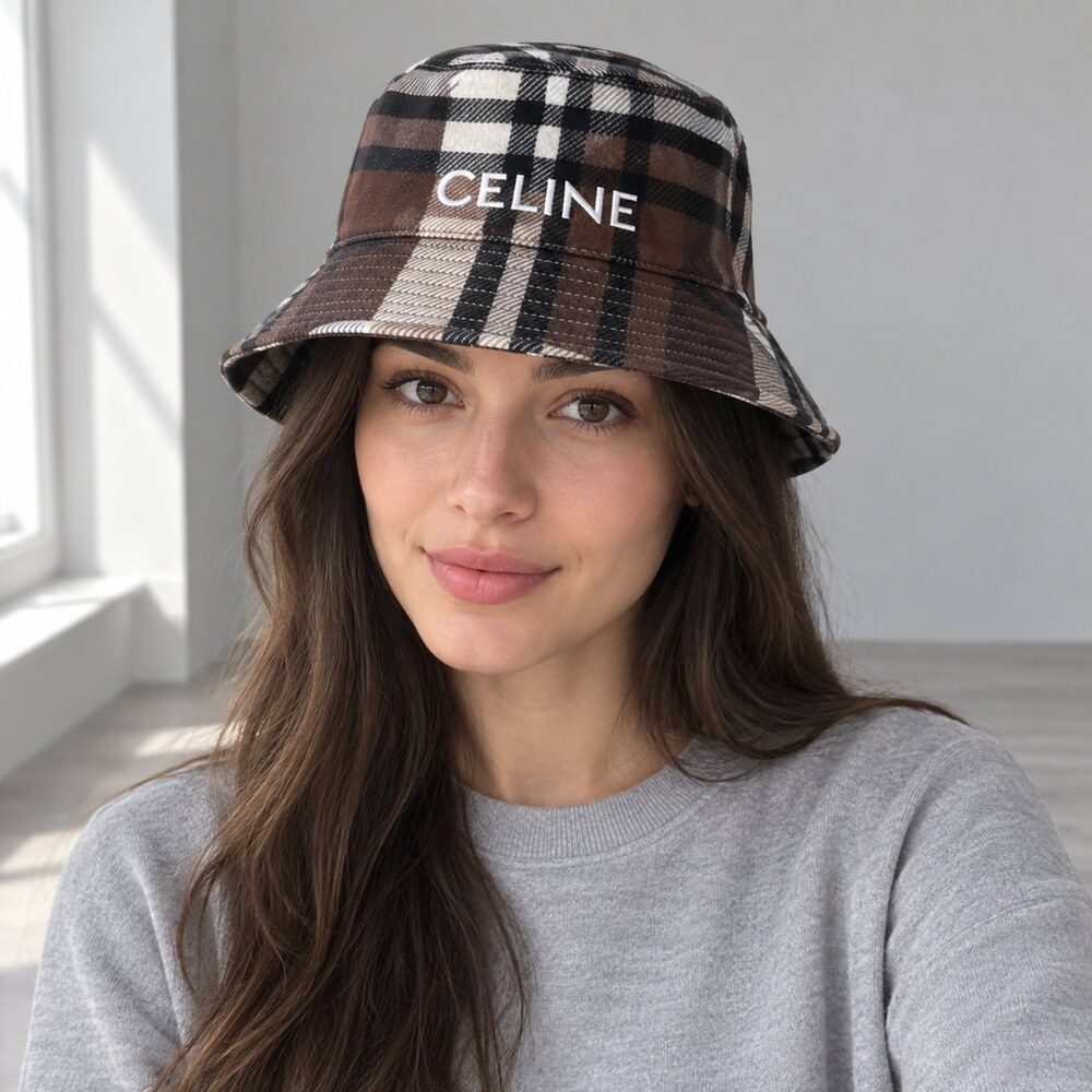 CELINE Brown Check Plaid Bucket Hat - Picture 2 of 6